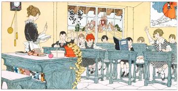  “Quaint” classroom with happy pupils, from a 1923 advertisement for Crisco