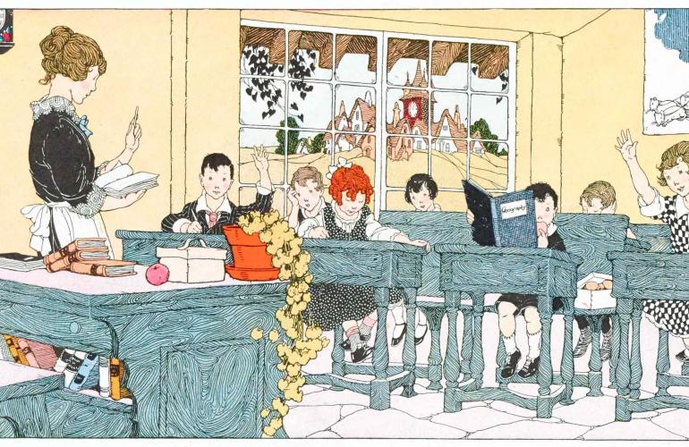  “Quaint” classroom with happy pupils, from a 1923 advertisement for Crisco